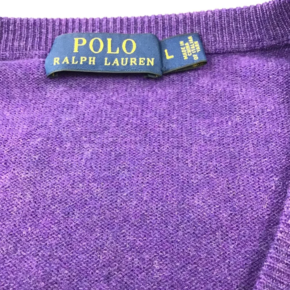 Polo Ralph Lauren Sweater Men Large PurpleSolid V-Neck Pullover Knit Pony Wool